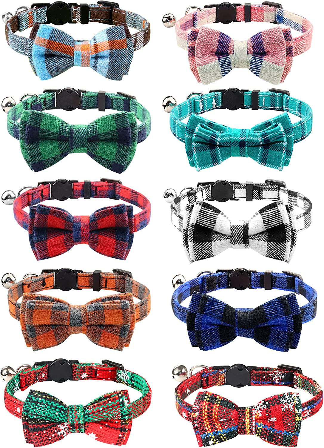 Upgraded Cat Collar with Bells, Breakaway Cat Collars with Bow Tie, 1 Pack Girl Boy Safety Plaid Kitten Collars, Haze Blue